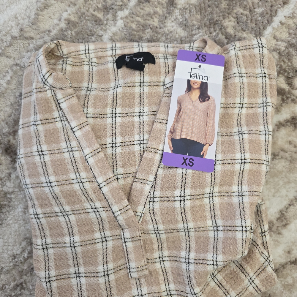 Felina Checkered V-Neck Blouse in Tan and Black